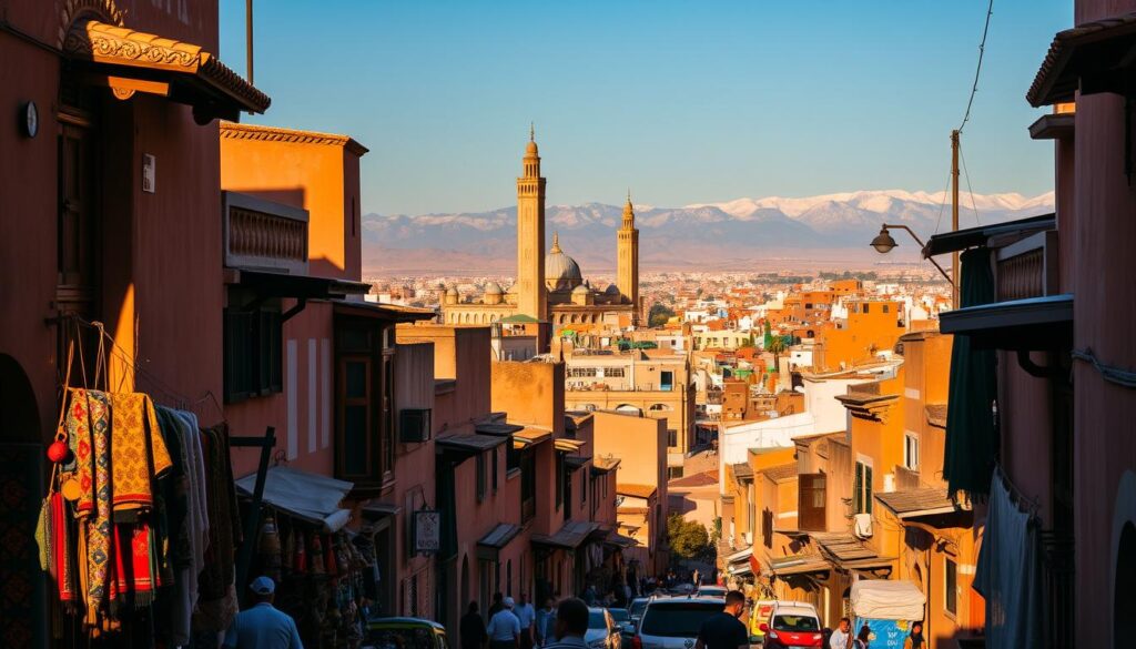 A bustling Moroccan city, bathed in warm, golden sunlight, with traditional Moorish architecture lining the narrow, winding streets. In the foreground, vendors peddle their vibrant, handcrafted wares, while the middle ground reveals a grand, ornate mosque with towering minarets. The background is a tapestry of colorful, flat-roofed buildings, punctuated by the distant, snow-capped Atlas Mountains. This scene, captured by the MyVisitMorocco lens, exudes the rich cultural heritage and diverse natural beauty of Morocco. A bustling Moroccan city, bathed in warm, golden sunlight, with traditional Moorish architecture lining the narrow, winding streets. In the foreground, vendors peddle their vibrant, handcrafted wares, while the middle ground reveals a grand, ornate mosque with towering minarets. The background is a tapestry of colorful, flat-roofed buildings, punctuated by the distant, snow-capped Atlas Mountains. This scene, captured by the MyVisitMorocco lens, exudes the rich cultural heritage and diverse natural beauty of Morocco.