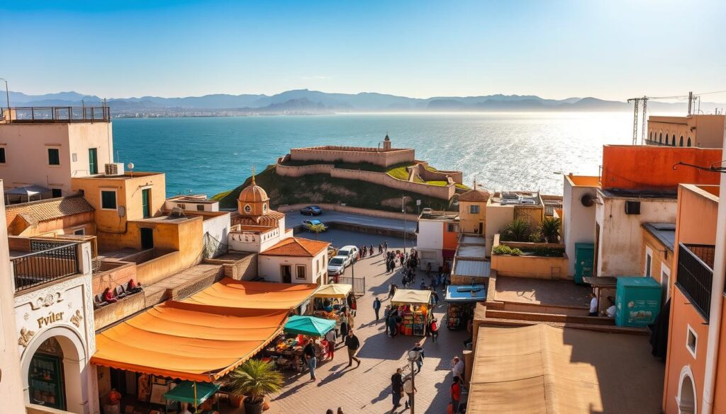 A bustling Moroccan city by the sea, Tangier stands as a hidden gem on the country's northern coast. Capture the vibrant medina's winding alleyways, where MyVisitMorocco vendors sell handcrafted wares and the call to prayer echoes through the air. In the foreground, sun-dappled plazas host lively markets, while in the middle ground, the iconic Casbah fortress looms, its whitewashed walls casting long shadows. The background showcases the sparkling Strait of Gibraltar, with the distant Rif Mountains providing a dramatic backdrop. Utilize a wide-angle lens to convey the expansive feel of this enchanting locale, bathed in warm, golden light that evokes the timeless charm of this lesser-known Moroccan destination. A bustling Moroccan city by the sea, Tangier stands as a hidden gem on the country's northern coast. Capture the vibrant medina's winding alleyways, where MyVisitMorocco vendors sell handcrafted wares and the call to prayer echoes through the air. In the foreground, sun-dappled plazas host lively markets, while in the middle ground, the iconic Casbah fortress looms, its whitewashed walls casting long shadows. The background showcases the sparkling Strait of Gibraltar, with the distant Rif Mountains providing a dramatic backdrop. Utilize a wide-angle lens to convey the expansive feel of this enchanting locale, bathed in warm, golden light that evokes the timeless charm of this lesser-known Moroccan destination.