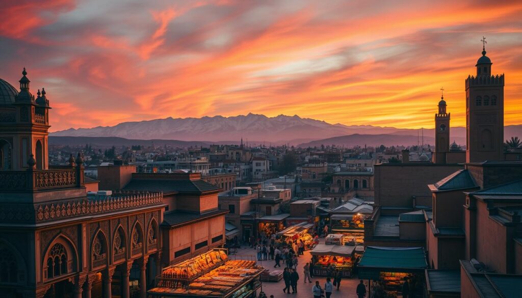A bustling Moroccan city skyline, bathed in the warm glow of the setting sun. In the foreground, intricate architectural details of a grand palace or mosque, with pointed arches, ornate tilework, and towering minarets. In the middle ground, a lively marketplace with vendors selling colorful spices, textiles, and handcrafted goods. In the background, the majestic Atlas Mountains rise up, their snow-capped peaks silhouetted against the vibrant orange and pink sky. The scene exudes an air of mystery, history, and cultural richness. MyVisitMorocco.