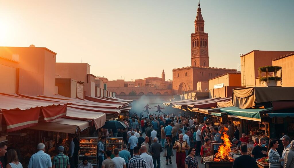 A bustling Moroccan marketplace, Jemaa el-Fnaa in Marrakech, bathed in warm, golden light. Rows of vibrant stalls and vendors selling spices, handcrafted goods, and local delicacies. In the foreground, a group of snake charmers captivate the crowd with their mesmerizing melodies, while acrobats and performers entertain nearby. The iconic minaret of the Koutoubia Mosque rises majestically in the background, overlooking the lively scene. Captured with a wide-angle lens to convey the energetic atmosphere, the image evokes the rich cultural heritage and bustling energy of this MyVisitMorocco destination.
