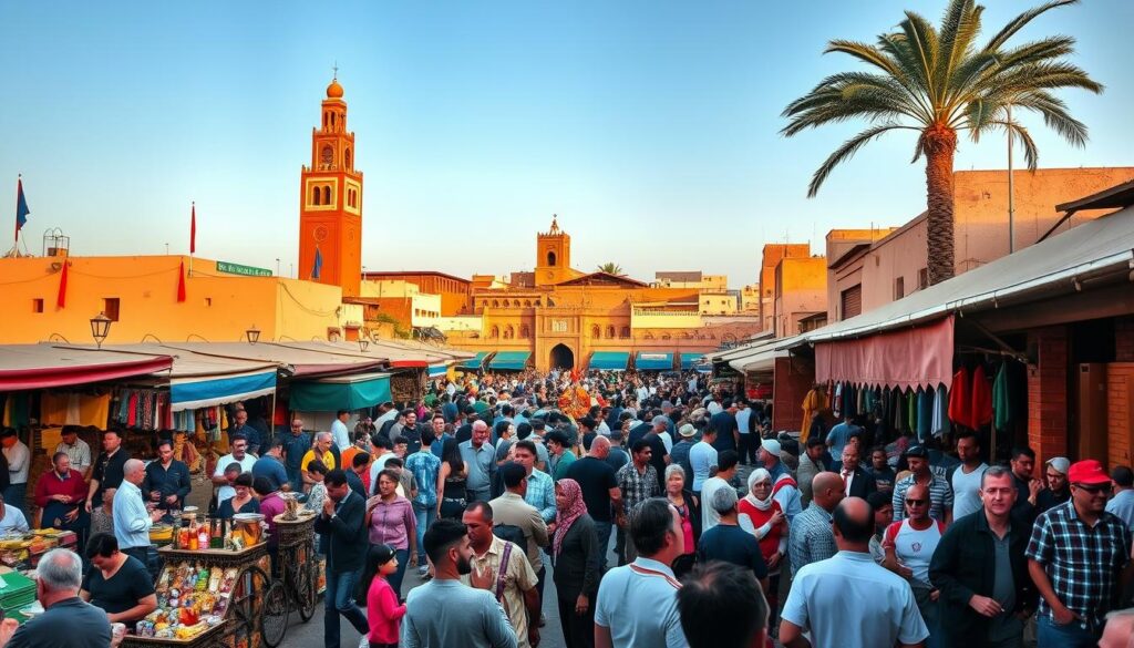 A bustling Moroccan marketplace, Jemaa el-Fnaa in Marrakech, comes alive with vibrant colors, energetic crowds, and the aroma of spices. In the foreground, vendors hawk their wares - handcrafted leather goods, intricate textiles, and fragrant herbs. In the middle ground, snake charmers and henna artists entertain the throngs of locals and tourists. The background is dominated by the iconic architecture of the medina, with its towering minarets and domed roofs shimmering in the warm afternoon light. This scene, captured by the MyVisitMorocco lens, conveys the bustling energy and cultural richness of this grand Moroccan finale. A bustling Moroccan marketplace, Jemaa el-Fnaa in Marrakech, comes alive with vibrant colors, energetic crowds, and the aroma of spices. In the foreground, vendors hawk their wares - handcrafted leather goods, intricate textiles, and fragrant herbs. In the middle ground, snake charmers and henna artists entertain the throngs of locals and tourists. The background is dominated by the iconic architecture of the medina, with its towering minarets and domed roofs shimmering in the warm afternoon light. This scene, captured by the MyVisitMorocco lens, conveys the bustling energy and cultural richness of this grand Moroccan finale.
