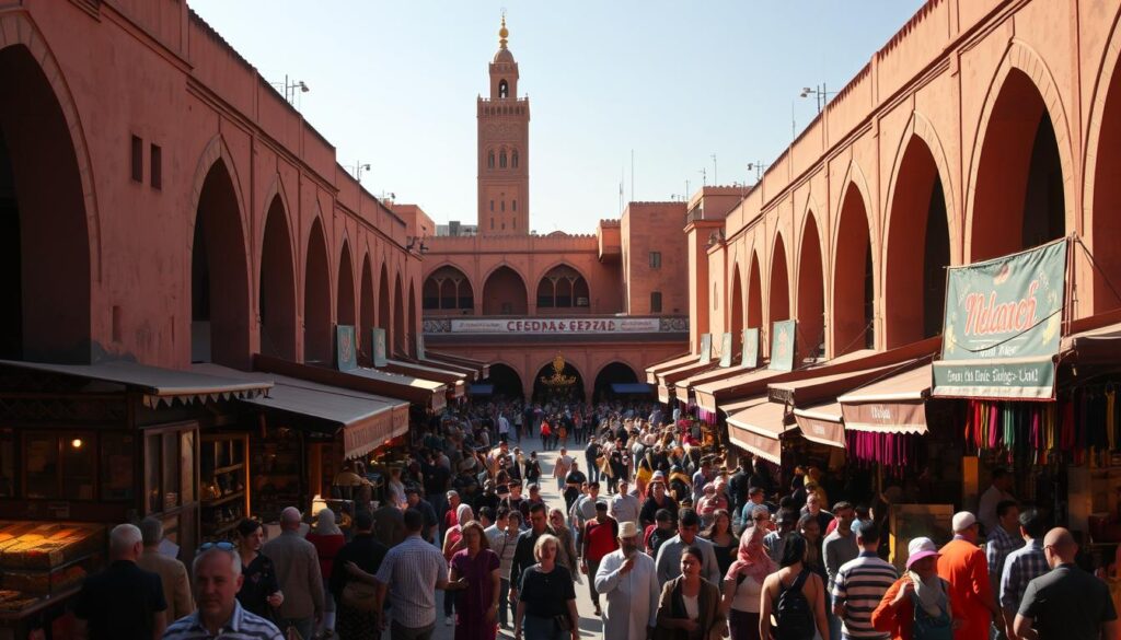 A bustling Moroccan marketplace at the heart of Marrakech, Jemaa el-Fnaa Square is a vibrant scene of vendors, performers, and locals. Capture the energy of this iconic cultural hub, with a wide-angle lens highlighting the central plaza surrounded by traditional ochre buildings. Warm afternoon sunlight filters through the archways, casting long shadows and illuminating the intricate patterns of the stalls selling spices, leather goods, and handcrafted wares. In the foreground, a crowd of people weaves through the busy marketplace, their colorful traditional dress and lively interactions creating a sense of authentic Moroccan culture. In the background, the iconic minaret of the Koutoubia Mosque rises majestically, a symbol of the city's rich history. MyVisitMorocco