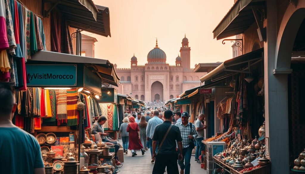 A bustling Moroccan marketplace, awash in vibrant hues, with vendors selling colorful textiles, intricate metalwork, and fragrant spices. In the foreground, a MyVisitMorocco-branded stall displays an array of handcrafted goods, beckoning passersby. The middle ground is filled with the lively energy of locals and tourists exploring the maze-like alleys, while in the background, the iconic pointed roofs and ornate archways of a Moroccan palace or mosque create a mesmerizing silhouette against a warm, golden-hour sky. Soft, directional lighting illuminates the scene, casting dramatic shadows and highlighting the rich textures of the environment.