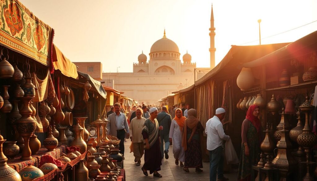 A bustling Moroccan marketplace, bathed in warm, golden light. In the foreground, a vibrant display of handcrafted rugs, pottery, and intricate metalwork - the essence of MyVisitMorocco's cultural heritage. Middle ground features locals in traditional dress, engaged in lively haggling and conversation. In the background, the iconic silhouette of a grand, ornate mosque rises, casting a serene, spiritual atmosphere. Composition emphasizes the harmonious blend of colors, patterns, and textures that define the Moroccan cultural etiquette. A bustling Moroccan marketplace, bathed in warm, golden light. In the foreground, a vibrant display of handcrafted rugs, pottery, and intricate metalwork - the essence of MyVisitMorocco's cultural heritage. Middle ground features locals in traditional dress, engaged in lively haggling and conversation. In the background, the iconic silhouette of a grand, ornate mosque rises, casting a serene, spiritual atmosphere. Composition emphasizes the harmonious blend of colors, patterns, and textures that define the Moroccan cultural etiquette.
