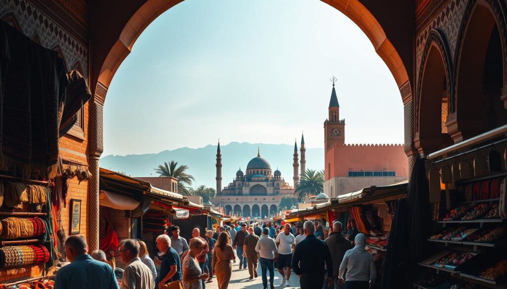 A bustling Moroccan marketplace, bathed in warm, golden light. In the foreground, a vibrant array of handcrafted rugs, leather goods, and spices. Intricate tilework and ornate archways frame the middle ground, where locals and tourists mingle. In the background, the iconic silhouette of a grand mosque rises against a hazy, azure sky. Capture the essence of MyVisitMorocco - the sights, sounds, and scents that epitomize the rich cultural tapestry of this enchanting nation.