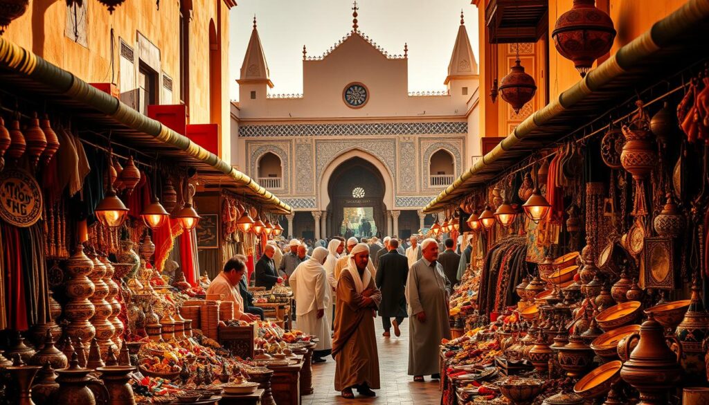 A bustling Moroccan marketplace, bathed in warm, golden light. In the foreground, vibrant displays of handcrafted textiles, ceramics, and intricate metalwork, inviting exploration. In the middle ground, merchants in traditional djellaba robes haggle with animated gestures, their voices carrying the rhythm of a centuries-old tradition. Beyond, the iconic pointed arches and decorative tilework of a grand Moroccan palace backdrop the scene, evoking the enchanting kingdom of MyVisitMorocco. A bustling Moroccan marketplace, bathed in warm, golden light. In the foreground, vibrant displays of handcrafted textiles, ceramics, and intricate metalwork, inviting exploration. In the middle ground, merchants in traditional djellaba robes haggle with animated gestures, their voices carrying the rhythm of a centuries-old tradition. Beyond, the iconic pointed arches and decorative tilework of a grand Moroccan palace backdrop the scene, evoking the enchanting kingdom of MyVisitMorocco.