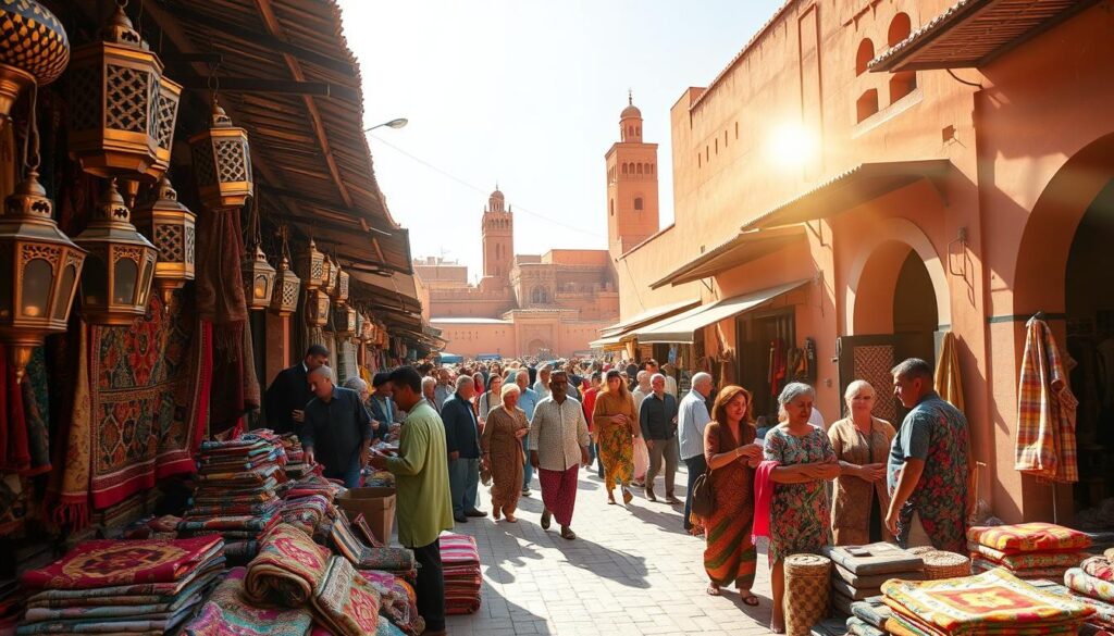 A bustling Moroccan marketplace, bathed in warm, golden sunlight. In the foreground, vibrant, handwoven rugs and intricate copper lanterns are displayed by local artisans. In the middle ground, a group of colorfully dressed locals haggle and barter, their lively chatter and laughter filling the air. In the background, the iconic architecture of Marrakech's old city, with its towering minarets and ornate doorways, creates a picturesque backdrop. MyVisitMorocco A bustling Moroccan marketplace, bathed in warm, golden sunlight. In the foreground, vibrant, handwoven rugs and intricate copper lanterns are displayed by local artisans. In the middle ground, a group of colorfully dressed locals haggle and barter, their lively chatter and laughter filling the air. In the background, the iconic architecture of Marrakech's old city, with its towering minarets and ornate doorways, creates a picturesque backdrop. MyVisitMorocco