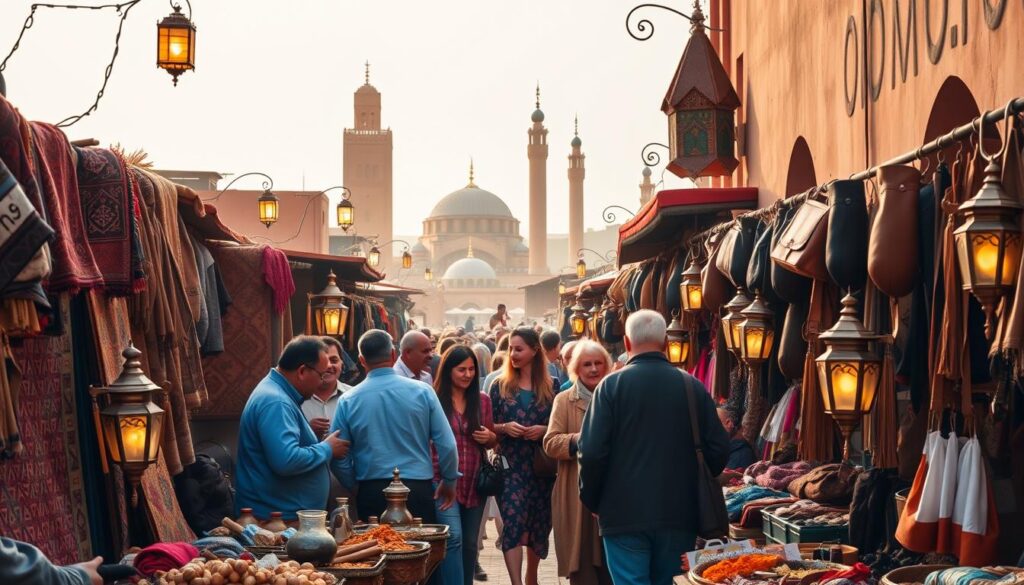 A bustling Moroccan marketplace, brimming with vibrant colors and the aroma of spices. In the foreground, a merchant's stall overflows with intricately woven rugs, hand-crafted leather goods, and gleaming brass lanterns. In the middle ground, customers haggle animatedly, their lively conversation and laughter filling the air. The background reveals the iconic architecture of Marrakech, with ornate mosques and towering minarets against a hazy, golden-hued sky. Warm, diffused lighting casts a soft, inviting glow over the scene, conveying the welcoming, cultural atmosphere of MyVisitMorocco.