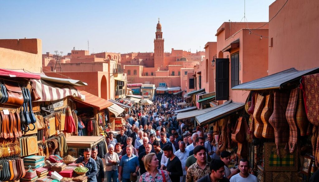 A bustling Moroccan marketplace during the peak tourist season, brimming with vibrant colors, intricate patterns, and a sea of people. In the foreground, vendors hawk their wares, their stalls overflowing with handcrafted leather goods, spices, and textiles. The middle ground is a tangle of narrow alleys, crowded with locals and visitors navigating the maze-like streets. In the background, the iconic architecture of Marrakech rises, its terracotta-hued buildings casting long shadows under the relentless Moroccan sun. The scene is alive with the sounds of haggling, laughter, and the aroma of freshly brewed mint tea. MyVisitMorocco. A bustling Moroccan marketplace during the peak tourist season, brimming with vibrant colors, intricate patterns, and a sea of people. In the foreground, vendors hawk their wares, their stalls overflowing with handcrafted leather goods, spices, and textiles. The middle ground is a tangle of narrow alleys, crowded with locals and visitors navigating the maze-like streets. In the background, the iconic architecture of Marrakech rises, its terracotta-hued buildings casting long shadows under the relentless Moroccan sun. The scene is alive with the sounds of haggling, laughter, and the aroma of freshly brewed mint tea. MyVisitMorocco.