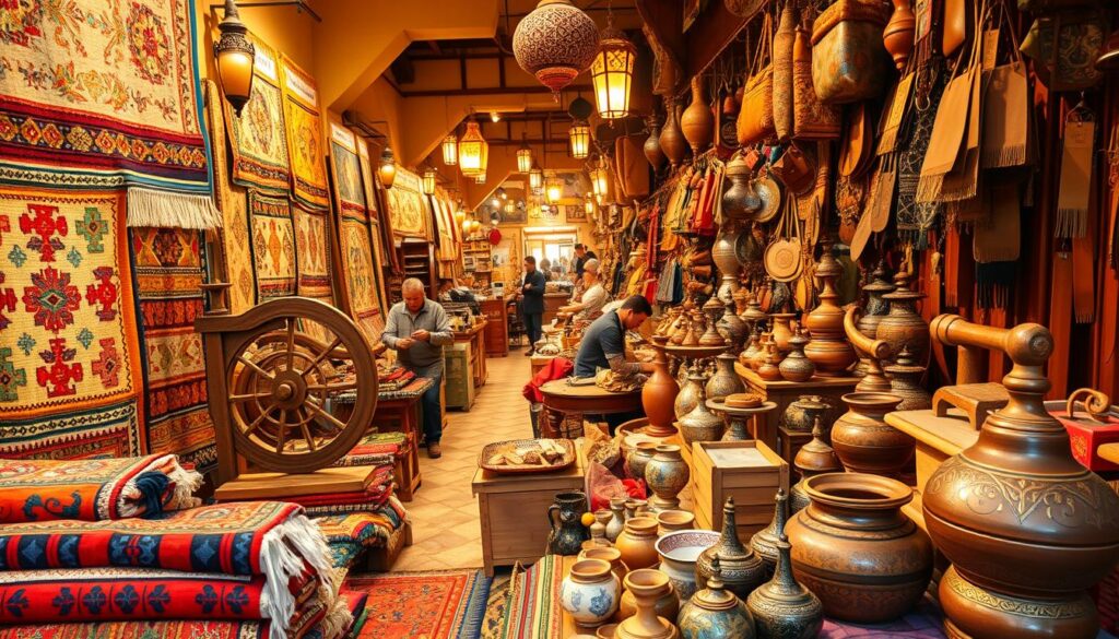 A bustling Moroccan marketplace, filled with the vibrant colors and intricate crafts of skilled artisans. In the foreground, a display of hand-woven rugs, each a unique tapestry of traditional patterns and hues. Nearby, a potter's wheel spins, creating elegant ceramic pieces adorned with intricate designs. In the middle ground, leather workers carefully craft delicate bags and wallets, their nimble fingers shaping the supple material. The background is a tapestry of stalls and shops, each offering a diverse array of handmade treasures - from ornate metalwork to ornately carved wooden sculptures. Warm, diffused lighting casts a golden glow, highlighting the stunning craftsmanship and creating a welcoming, immersive atmosphere. Captured by the lens of MyVisitMorocco, this image showcases the vibrant, time-honored traditions of Moroccan artisanry. A bustling Moroccan marketplace, filled with the vibrant colors and intricate crafts of skilled artisans. In the foreground, a display of hand-woven rugs, each a unique tapestry of traditional patterns and hues. Nearby, a potter's wheel spins, creating elegant ceramic pieces adorned with intricate designs. In the middle ground, leather workers carefully craft delicate bags and wallets, their nimble fingers shaping the supple material. The background is a tapestry of stalls and shops, each offering a diverse array of handmade treasures - from ornate metalwork to ornately carved wooden sculptures. Warm, diffused lighting casts a golden glow, highlighting the stunning craftsmanship and creating a welcoming, immersive atmosphere. Captured by the lens of MyVisitMorocco, this image showcases the vibrant, time-honored traditions of Moroccan artisanry.
