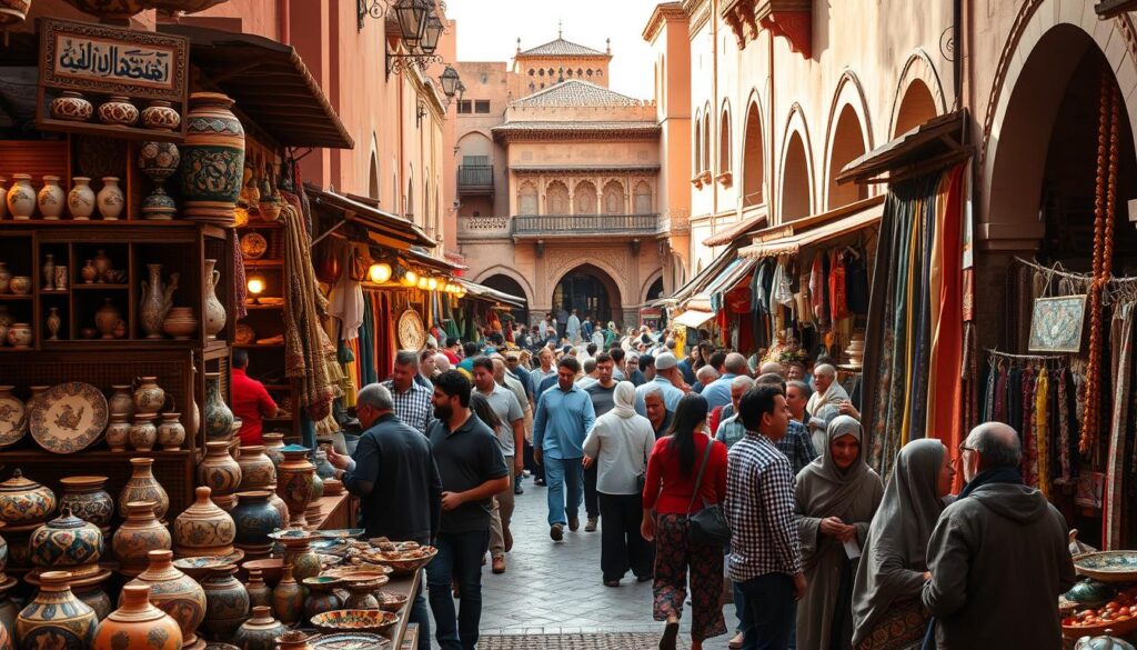 A bustling Moroccan marketplace, filled with vibrant colors and captivating cultural experiences. In the foreground, artisans showcase intricate handcrafted wares, from ornate ceramics to richly woven textiles. The middle ground features a lively scene of locals and visitors haggling and interacting, creating a dynamic atmosphere. In the background, the iconic architecture of Moroccan buildings, with their distinctive arches and ornate details, set the stage for this immersive cultural journey. Warm, diffused lighting illuminates the scene, casting a golden glow and evoking a sense of timelessness. Captured through the lens of MyVisitMorocco, this image invites the viewer to immerse themselves in the vibrant cultural tapestry of Morocco.