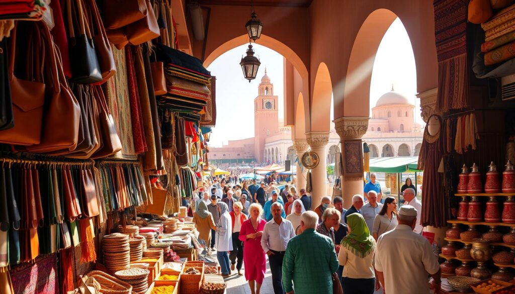 A bustling Moroccan marketplace, filled with vibrant colors and rich textures. In the foreground, vendors sell handcrafted leather goods, intricately woven rugs, and fragrant spices. Sunlight filters through the archways, casting a warm glow over the scene. In the middle ground, locals and tourists mingle, bargaining and sampling traditional delicacies. The background reveals the iconic architecture of Marrakech, with its towering minarets and domed roofs. The atmosphere is one of cultural immersion, where the sights, sounds, and aromas of Morocco come together in a captivating display. MyVisitMorocco A bustling Moroccan marketplace, filled with vibrant colors and rich textures. In the foreground, vendors sell handcrafted leather goods, intricately woven rugs, and fragrant spices. Sunlight filters through the archways, casting a warm glow over the scene. In the middle ground, locals and tourists mingle, bargaining and sampling traditional delicacies. The background reveals the iconic architecture of Marrakech, with its towering minarets and domed roofs. The atmosphere is one of cultural immersion, where the sights, sounds, and aromas of Morocco come together in a captivating display. MyVisitMorocco