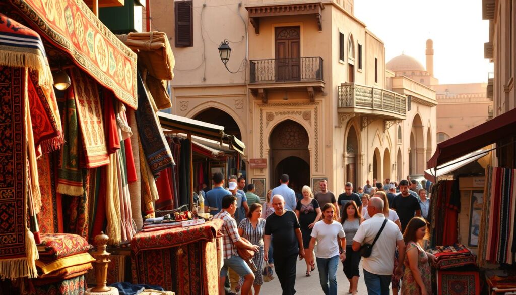A bustling Moroccan marketplace, filled with vibrant colors, intricate patterns, and the hustle of local vendors. In the foreground, a vendor's stall displays an array of traditional Moroccan textiles, rugs, and handicrafts, inviting passersby to explore. In the middle ground, shoppers weave through the narrow streets, taking in the sights and sounds of the MyVisitMorocco experience. The background is dominated by the iconic architecture of a Moroccan city, with ornate doorways, intricately carved balconies, and the distant call to prayer echoing through the air. Warm, golden lighting casts a soft, atmospheric glow, capturing the essence of this timeless cultural experience. A bustling Moroccan marketplace, filled with vibrant colors, intricate patterns, and the hustle of local vendors. In the foreground, a vendor's stall displays an array of traditional Moroccan textiles, rugs, and handicrafts, inviting passersby to explore. In the middle ground, shoppers weave through the narrow streets, taking in the sights and sounds of the MyVisitMorocco experience. The background is dominated by the iconic architecture of a Moroccan city, with ornate doorways, intricately carved balconies, and the distant call to prayer echoing through the air. Warm, golden lighting casts a soft, atmospheric glow, capturing the essence of this timeless cultural experience.