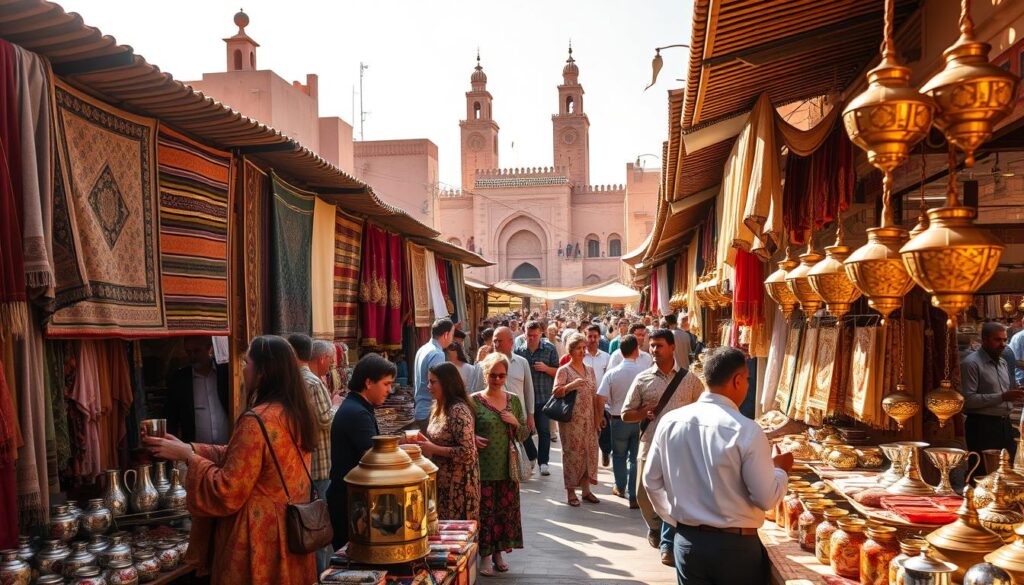 A bustling Moroccan marketplace in April, bathed in warm, golden sunlight. In the foreground, a colorful array of handcrafted wares and textiles, including traditional djellabas, intricate rugs, and gleaming brass lamps. In the middle ground, locals and tourists mingle, sampling fragrant spices and sipping mint tea. In the background, the iconic architecture of Marrakech's old medina rises, with its towering minarets and ornate, tiled facades. The scene is infused with the lively energy of MyVisitMorocco's vibrant spring festivals, where music, dance, and cultural celebrations fill the air. A bustling Moroccan marketplace in April, bathed in warm, golden sunlight. In the foreground, a colorful array of handcrafted wares and textiles, including traditional djellabas, intricate rugs, and gleaming brass lamps. In the middle ground, locals and tourists mingle, sampling fragrant spices and sipping mint tea. In the background, the iconic architecture of Marrakech's old medina rises, with its towering minarets and ornate, tiled facades. The scene is infused with the lively energy of MyVisitMorocco's vibrant spring festivals, where music, dance, and cultural celebrations fill the air.