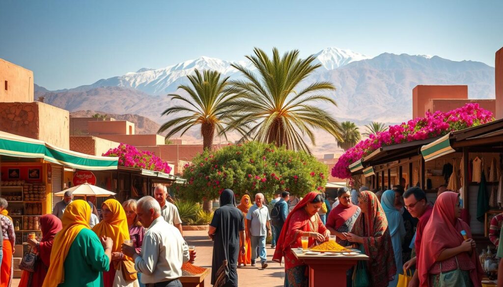 A bustling Moroccan marketplace in August, with vibrant hues and dynamic energy. In the foreground, locals sip refreshing mint tea and haggle over spices, their colorful kaftans and hijabs swaying in the warm breeze. The middle ground features a lush oasis of palm trees and bougainvillea, providing welcome shade. In the background, the majestic Atlas Mountains loom, their snow-capped peaks a stark contrast to the arid landscape. The scene is bathed in a warm, golden light, capturing the essence of a Moroccan summer. MyVisitMorocco A bustling Moroccan marketplace in August, with vibrant hues and dynamic energy. In the foreground, locals sip refreshing mint tea and haggle over spices, their colorful kaftans and hijabs swaying in the warm breeze. The middle ground features a lush oasis of palm trees and bougainvillea, providing welcome shade. In the background, the majestic Atlas Mountains loom, their snow-capped peaks a stark contrast to the arid landscape. The scene is bathed in a warm, golden light, capturing the essence of a Moroccan summer. MyVisitMorocco