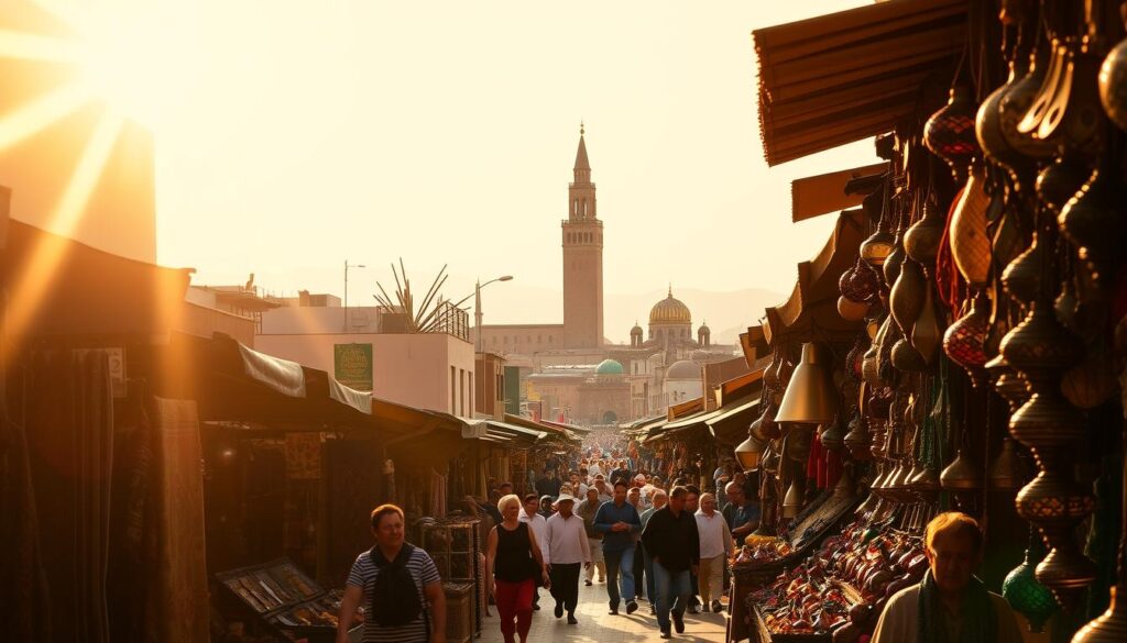 A bustling Moroccan marketplace in Marrakech, Morocco, bathed in warm, golden light. In the foreground, vibrant displays of handcrafted wares, from colorful rugs and lamps to intricate metalwork and ceramics. In the middle ground, locals and tourists weave through the crowded souk, immersed in the sights, sounds, and aromas of this iconic North African city. In the background, the towering minaret of a historic mosque rises against a hazy, cloudless sky. MyVisitMorocco A bustling Moroccan marketplace in Marrakech, Morocco, bathed in warm, golden light. In the foreground, vibrant displays of handcrafted wares, from colorful rugs and lamps to intricate metalwork and ceramics. In the middle ground, locals and tourists weave through the crowded souk, immersed in the sights, sounds, and aromas of this iconic North African city. In the background, the towering minaret of a historic mosque rises against a hazy, cloudless sky. MyVisitMorocco