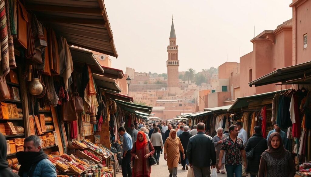 A bustling Moroccan marketplace in Marrakech, North Africa. In the foreground, intricate stalls filled with colorful textiles, handcrafted leather goods, and spices. Traders haggle with customers, their voices mingling with the scent of mint tea. In the middle ground, the iconic Koutoubia Mosque towers over the scene, its minaret casting a long shadow. The background reveals the ochre-colored buildings and winding alleys of the old city, under a warm, hazy sky. Capture the vibrant, timeless atmosphere of this MyVisitMorocco cultural hub.