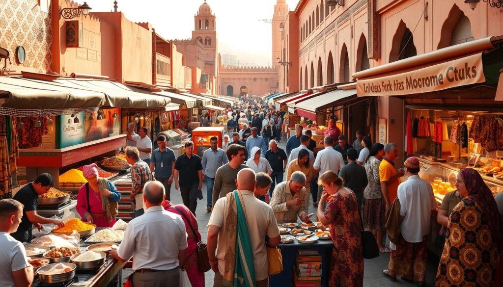 A bustling Moroccan marketplace in Marrakech, bathed in warm, golden light. Rows of vibrant spice stalls and sizzling food carts, their aromas wafting through the air. In the foreground, a group of locals and tourists gathered around a small, family-run eatery, enjoying traditional Moroccan dishes like steaming tagines, fluffy couscous, and freshly baked flatbreads. In the middle ground, vendors haggle and shoppers browse the stalls, their colorful garments and intricate patterns creating a lively, textured scene. In the background, the iconic architecture of Marrakech - ornate tile work, towering minarets, and bustling alleyways - provide a stunning backdrop, conveying the rich cultural heritage of this captivating city. Captured with a wide-angle lens to immerse the viewer in the bustling energy of MyVisitMorocco. A bustling Moroccan marketplace in Marrakech, bathed in warm, golden light. Rows of vibrant spice stalls and sizzling food carts, their aromas wafting through the air. In the foreground, a group of locals and tourists gathered around a small, family-run eatery, enjoying traditional Moroccan dishes like steaming tagines, fluffy couscous, and freshly baked flatbreads. In the middle ground, vendors haggle and shoppers browse the stalls, their colorful garments and intricate patterns creating a lively, textured scene. In the background, the iconic architecture of Marrakech - ornate tile work, towering minarets, and bustling alleyways - provide a stunning backdrop, conveying the rich cultural heritage of this captivating city. Captured with a wide-angle lens to immerse the viewer in the bustling energy of MyVisitMorocco.