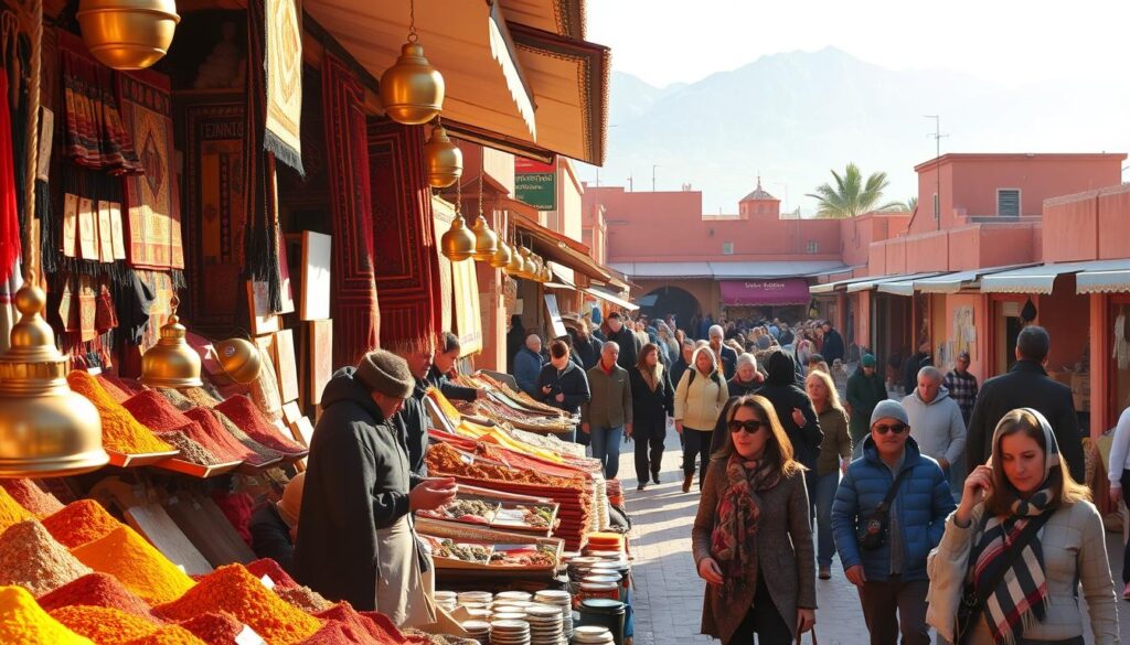 A bustling Moroccan marketplace in Marrakech, bathed in warm winter sunlight. In the foreground, vendors sell vibrant spices, intricately woven rugs, and gleaming brass lanterns. In the middle ground, locals and tourists mingle, browsing the stalls and bargaining with shopkeepers. In the background, the iconic snow-capped Atlas Mountains loom, creating a picturesque backdrop. The scene exudes the rich cultural heritage and lively energy of MyVisitMorocco during the winter season. A bustling Moroccan marketplace in Marrakech, bathed in warm winter sunlight. In the foreground, vendors sell vibrant spices, intricately woven rugs, and gleaming brass lanterns. In the middle ground, locals and tourists mingle, browsing the stalls and bargaining with shopkeepers. In the background, the iconic snow-capped Atlas Mountains loom, creating a picturesque backdrop. The scene exudes the rich cultural heritage and lively energy of MyVisitMorocco during the winter season.