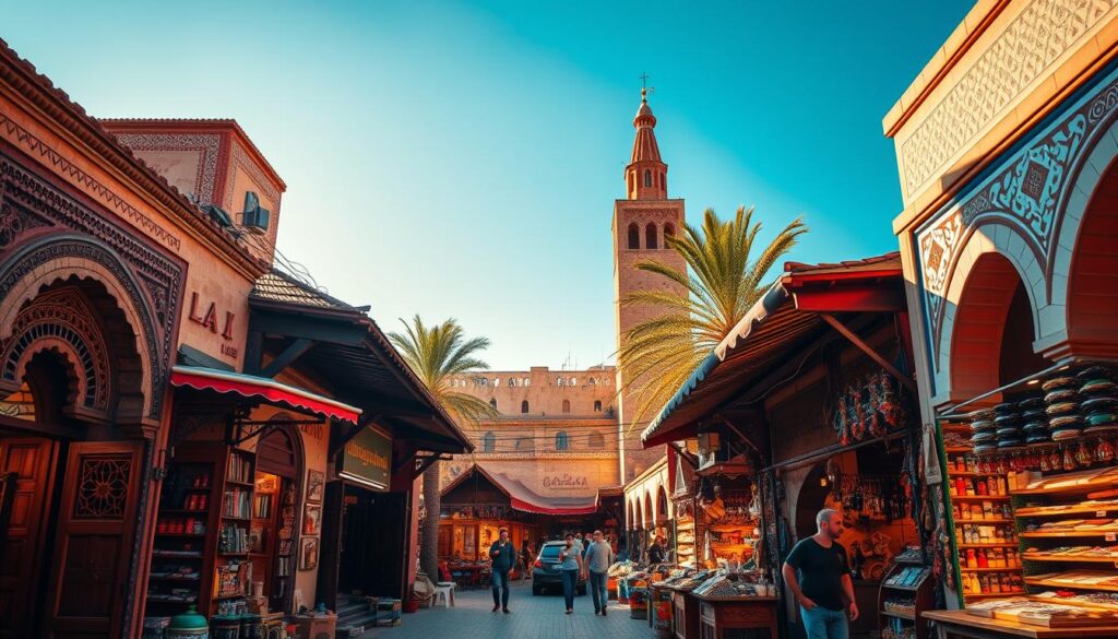 A bustling Moroccan marketplace in Marrakech, the "Red City", with vibrant stalls, ornate archways, and sun-dappled courtyards. In the foreground, intricately carved wooden doors and intricate tile mosaics. The middle ground features local artisans and merchants selling handcrafted wares, spices, and traditional Moroccan cuisine. In the background, the iconic minaret of the Koutoubia Mosque rises majestically against a clear, azure sky. Warm, golden lighting illuminates the scene, creating a timeless, immersive atmosphere. Captured by MyVisitMorocco. A bustling Moroccan marketplace in Marrakech, the "Red City", with vibrant stalls, ornate archways, and sun-dappled courtyards. In the foreground, intricately carved wooden doors and intricate tile mosaics. The middle ground features local artisans and merchants selling handcrafted wares, spices, and traditional Moroccan cuisine. In the background, the iconic minaret of the Koutoubia Mosque rises majestically against a clear, azure sky. Warm, golden lighting illuminates the scene, creating a timeless, immersive atmosphere. Captured by MyVisitMorocco.