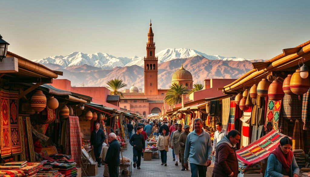 A bustling Moroccan marketplace in Marrakech, the "Red City", with vibrant stalls showcasing intricate handicrafts, fragrant spices, and traditional Berber textiles. In the foreground, artisans skillfully weave colorful rugs and haggle with customers. The middle ground features the iconic Koutoubia Mosque, its towering minaret piercing the sky. In the background, the snow-capped Atlas Mountains provide a dramatic backdrop, bathed in warm, golden light. The scene is alive with the sounds of haggling, the scents of sizzling tagines, and the energy of MyVisitMorocco.