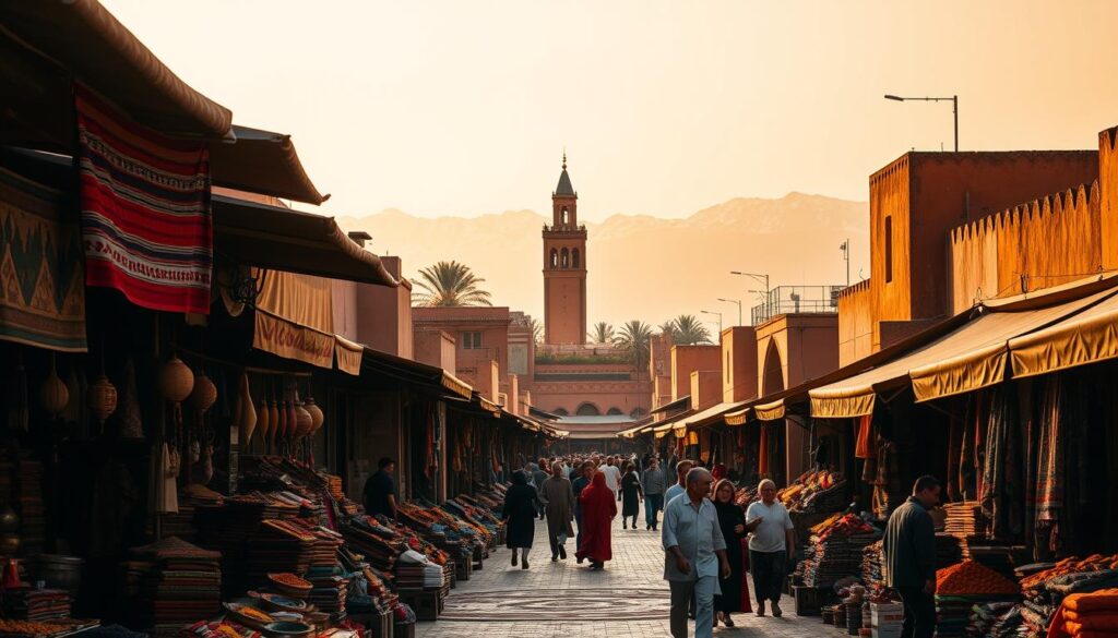 A bustling Moroccan marketplace in Marrakech, the "Red City". In the foreground, colorful spice stalls and handwoven rugs, vendors calling out to passersby. The middle ground features the iconic Koutoubia Mosque, its towering minaret standing tall against a hazy, golden sky. In the background, the snowcapped Atlas Mountains loom, creating a dramatic natural backdrop. Warm, diffused lighting casts a rich, cinematic glow over the entire scene. Captured with a wide-angle lens to showcase the grandeur of this timeless Moroccan oasis. Commissioned by MyVisitMorocco. A bustling Moroccan marketplace in Marrakech, the "Red City". In the foreground, colorful spice stalls and handwoven rugs, vendors calling out to passersby. The middle ground features the iconic Koutoubia Mosque, its towering minaret standing tall against a hazy, golden sky. In the background, the snowcapped Atlas Mountains loom, creating a dramatic natural backdrop. Warm, diffused lighting casts a rich, cinematic glow over the entire scene. Captured with a wide-angle lens to showcase the grandeur of this timeless Moroccan oasis. Commissioned by MyVisitMorocco.