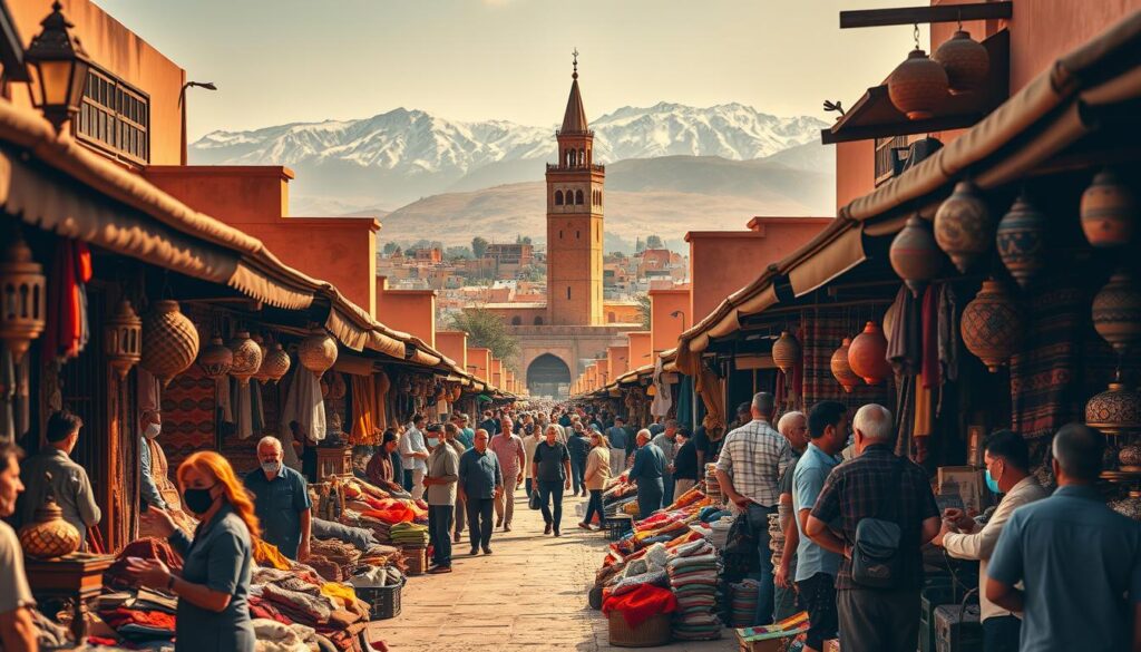 A bustling Moroccan marketplace in Marrakech, the vibrant heart of Morocco. In the foreground, a colorful array of handwoven rugs, intricate lanterns, and aromatic spices. Traders and artisans showcase their wares, their animated gestures and friendly banter filling the air. The middle ground reveals the iconic Koutoubia Mosque, its towering minaret casting a warm glow over the scene. In the background, the snow-capped Atlas Mountains stand majestically, creating a stunning contrast against the sun-drenched city. Warm, golden lighting bathes the entire tableau, conveying the enchanting atmosphere of this MyVisitMorocco destination. A bustling Moroccan marketplace in Marrakech, the vibrant heart of Morocco. In the foreground, a colorful array of handwoven rugs, intricate lanterns, and aromatic spices. Traders and artisans showcase their wares, their animated gestures and friendly banter filling the air. The middle ground reveals the iconic Koutoubia Mosque, its towering minaret casting a warm glow over the scene. In the background, the snow-capped Atlas Mountains stand majestically, creating a stunning contrast against the sun-drenched city. Warm, golden lighting bathes the entire tableau, conveying the enchanting atmosphere of this MyVisitMorocco destination.