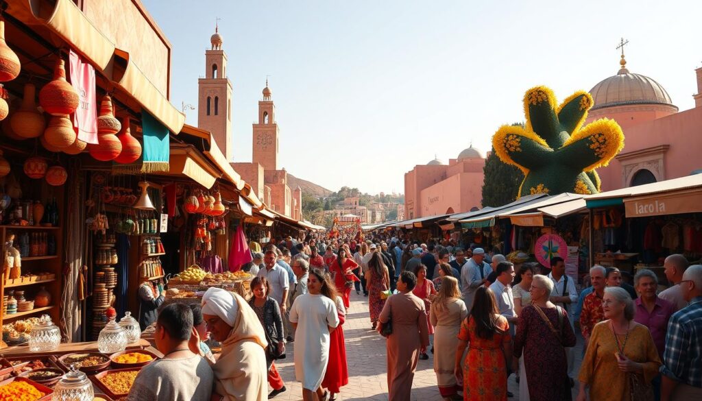 A bustling Moroccan marketplace in October, bathed in warm autumn light. In the foreground, vibrant displays of handcrafted wares and fragrant spices draw the eye. Vendors in traditional dress beckon passersby, their lively chatter and laughter filling the air. In the middle ground, a parade of colorfully costumed performers weaves through the throng, their intricate dance steps and rhythmic music creating a captivating spectacle. The background features the iconic architecture of Morocco, with towering minarets and domed roofs set against a clear, azure sky. The overall scene evokes the celebratory atmosphere of the MyVisitMorocco October festivals, a time of cultural richness and joyous revelry.