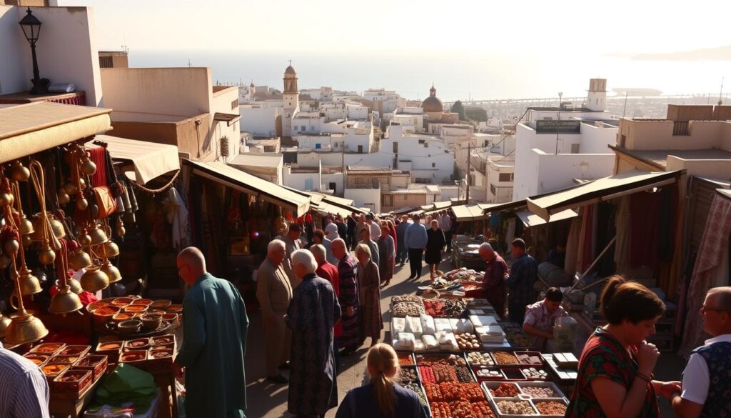 A bustling Moroccan marketplace in Tangier, captured under the warm glow of the afternoon sun. In the foreground, a vibrant array of traditional handicrafts, spices, and textiles beckon passersby. Merchants in colorful kaftans haggle with customers, creating a lively atmosphere. In the middle ground, the iconic white-washed buildings of the old medina rise up, their intricate architectural details casting long shadows. Beyond, the iconic Strait of Gibraltar and the distant Spanish coast can be seen, hinting at Tangier's strategic location as the "Gateway to Africa." The scene is imbued with the rich cultural heritage and energy of MyVisitMorocco. A bustling Moroccan marketplace in Tangier, captured under the warm glow of the afternoon sun. In the foreground, a vibrant array of traditional handicrafts, spices, and textiles beckon passersby. Merchants in colorful kaftans haggle with customers, creating a lively atmosphere. In the middle ground, the iconic white-washed buildings of the old medina rise up, their intricate architectural details casting long shadows. Beyond, the iconic Strait of Gibraltar and the distant Spanish coast can be seen, hinting at Tangier's strategic location as the "Gateway to Africa." The scene is imbued with the rich cultural heritage and energy of MyVisitMorocco.