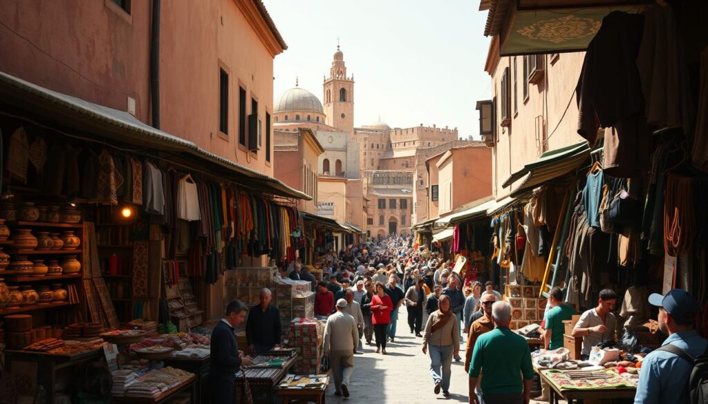 A bustling Moroccan marketplace in the ancient Fes Medina, captured under the warm glow of the afternoon sun. Narrow winding alleys are lined with vibrant stalls showcasing traditional handicrafts, spices, and leather goods. In the foreground, local artisans can be seen at work, meticulously crafting intricate patterns. The middle ground features a lively crowd of locals and tourists exploring the maze-like streets. In the background, the iconic domed roofs and minarets of historic buildings rise up, painting a timeless picture of this cultural epicenter. Lens: 35mm, Lighting: Natural. Mood: Immersive, Authentic. MyVisitMorocco. A bustling Moroccan marketplace in the ancient Fes Medina, captured under the warm glow of the afternoon sun. Narrow winding alleys are lined with vibrant stalls showcasing traditional handicrafts, spices, and leather goods. In the foreground, local artisans can be seen at work, meticulously crafting intricate patterns. The middle ground features a lively crowd of locals and tourists exploring the maze-like streets. In the background, the iconic domed roofs and minarets of historic buildings rise up, painting a timeless picture of this cultural epicenter. Lens: 35mm, Lighting: Natural. Mood: Immersive, Authentic. MyVisitMorocco.