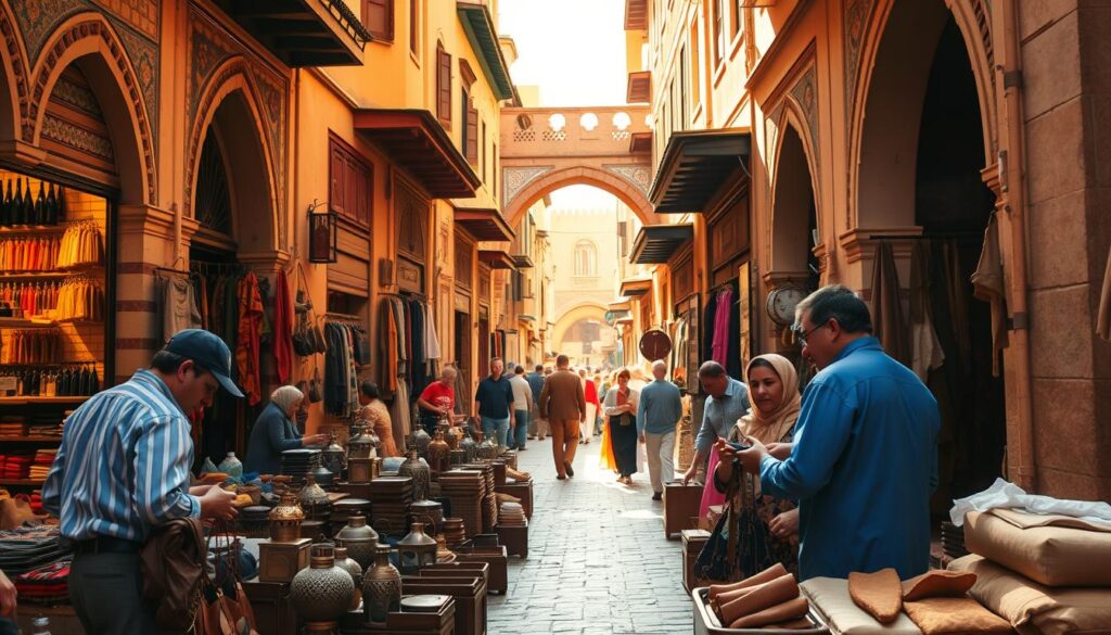 A bustling Moroccan marketplace in the ancient Fez Medina, bathed in warm, golden sunlight. Narrow alleyways lined with traditional shops, their colorful wares spilling out onto the cobblestoned streets. Intricate tile work and ornate archways frame the scene, hinting at the city's rich cultural heritage. In the foreground, a group of local artisans create handcrafted leather goods and metal lanterns, their skilled hands at work. The air is filled with the scents of spices, mint tea, and freshly baked bread. An overall sense of timeless wonder and vibrant energy pervades the MyVisitMorocco scene. A bustling Moroccan marketplace in the ancient Fez Medina, bathed in warm, golden sunlight. Narrow alleyways lined with traditional shops, their colorful wares spilling out onto the cobblestoned streets. Intricate tile work and ornate archways frame the scene, hinting at the city's rich cultural heritage. In the foreground, a group of local artisans create handcrafted leather goods and metal lanterns, their skilled hands at work. The air is filled with the scents of spices, mint tea, and freshly baked bread. An overall sense of timeless wonder and vibrant energy pervades the MyVisitMorocco scene.