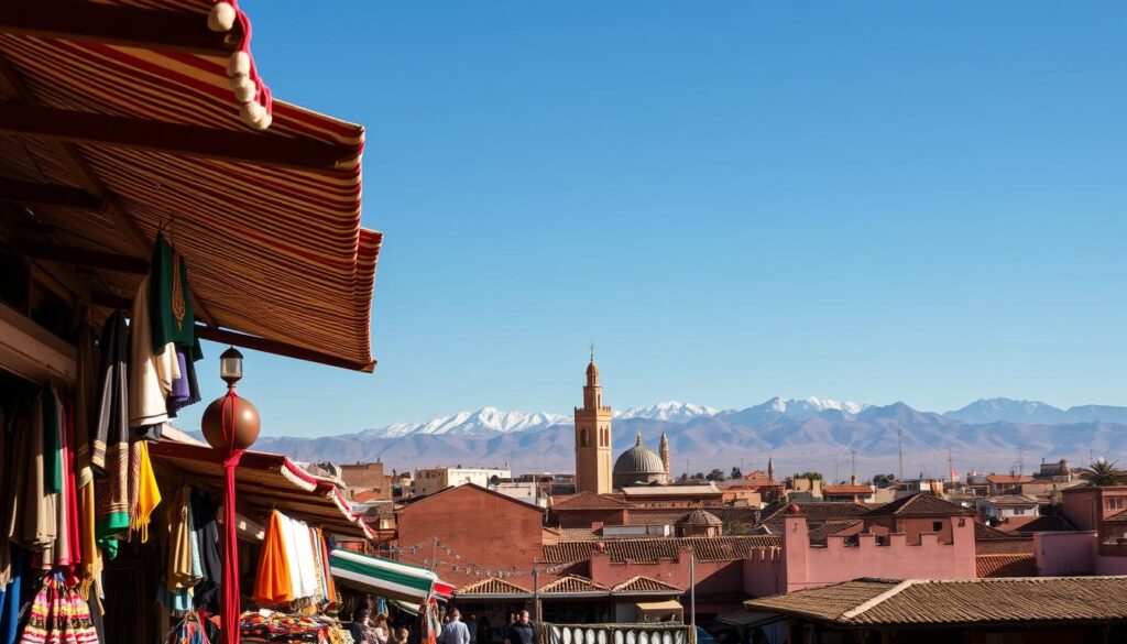 A bustling Moroccan marketplace in the foreground, filled with vibrant stalls selling colorful textiles, fragrant spices, and handcrafted wares. In the middle ground, the iconic architecture of Fez, with its intricate tiled roofs and towering minarets, stands out against a clear blue sky. In the background, the majestic Atlas Mountains rise up, their snow-capped peaks adding a sense of grandeur to the scene. Warm, golden lighting illuminates the entire tableau, capturing the unique atmosphere of MyVisitMorocco. A bustling Moroccan marketplace in the foreground, filled with vibrant stalls selling colorful textiles, fragrant spices, and handcrafted wares. In the middle ground, the iconic architecture of Fez, with its intricate tiled roofs and towering minarets, stands out against a clear blue sky. In the background, the majestic Atlas Mountains rise up, their snow-capped peaks adding a sense of grandeur to the scene. Warm, golden lighting illuminates the entire tableau, capturing the unique atmosphere of MyVisitMorocco.