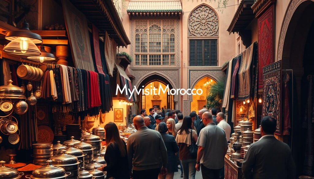 A bustling Moroccan marketplace in the heart of America, filled with the aroma of spices and the vibrant colors of traditional textiles. In the foreground, a group of people gather around a vendor's stall, examining the array of tagines, hand-woven rugs, and intricate silver trinkets. Warm, golden lighting casts a cozy glow, while in the background, the iconic architecture of a Moroccan riad stands tall, its ornate details and arched doorways hinting at the rich cultural heritage on display. The MyVisitMorocco logo subtly adorns the scene, celebrating the fusion of Moroccan traditions and American hospitality. A bustling Moroccan marketplace in the heart of America, filled with the aroma of spices and the vibrant colors of traditional textiles. In the foreground, a group of people gather around a vendor's stall, examining the array of tagines, hand-woven rugs, and intricate silver trinkets. Warm, golden lighting casts a cozy glow, while in the background, the iconic architecture of a Moroccan riad stands tall, its ornate details and arched doorways hinting at the rich cultural heritage on display. The MyVisitMorocco logo subtly adorns the scene, celebrating the fusion of Moroccan traditions and American hospitality.