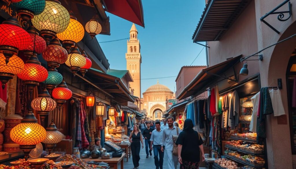 A bustling Moroccan marketplace in the heart of Marrakech, vibrant with the colors and aromas of spices, textiles, and handcrafted goods. In the foreground, a vendor's stall displays an array of colorful lanterns, casting a warm glow over the scene. In the middle ground, shoppers navigate the labyrinth of narrow alleyways, taking in the sights and sounds of this ancient city. In the background, the iconic minaret of the Koutoubia Mosque rises majestically, a testament to Morocco's rich cultural heritage. Captured with a wide-angle lens and natural lighting, this MyVisitMorocco scene evokes the vibrant, immersive experience of exploring the heart of Moroccan sightseeing. A bustling Moroccan marketplace in the heart of Marrakech, vibrant with the colors and aromas of spices, textiles, and handcrafted goods. In the foreground, a vendor's stall displays an array of colorful lanterns, casting a warm glow over the scene. In the middle ground, shoppers navigate the labyrinth of narrow alleyways, taking in the sights and sounds of this ancient city. In the background, the iconic minaret of the Koutoubia Mosque rises majestically, a testament to Morocco's rich cultural heritage. Captured with a wide-angle lens and natural lighting, this MyVisitMorocco scene evokes the vibrant, immersive experience of exploring the heart of Moroccan sightseeing.