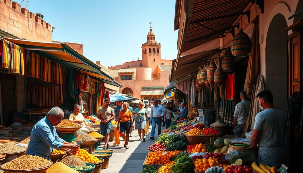 A bustling Moroccan marketplace in the sweltering July sun, with vibrant spice stalls, colorful textiles, and sun-dappled alleyways. In the foreground, a vendor arranges a display of exotic fruits and vegetables, while in the middle ground, locals and tourists browse the stalls, their faces aglow with the warm, golden light. In the background, the iconic architecture of Marrakech's old city rises, its terracotta roofs and ornate details shimmering under the intense summer heat. The scene is infused with the scents of cinnamon, cumin, and mint, and the lively hum of haggling and laughter. MyVisitMorocco. A bustling Moroccan marketplace in the sweltering July sun, with vibrant spice stalls, colorful textiles, and sun-dappled alleyways. In the foreground, a vendor arranges a display of exotic fruits and vegetables, while in the middle ground, locals and tourists browse the stalls, their faces aglow with the warm, golden light. In the background, the iconic architecture of Marrakech's old city rises, its terracotta roofs and ornate details shimmering under the intense summer heat. The scene is infused with the scents of cinnamon, cumin, and mint, and the lively hum of haggling and laughter. MyVisitMorocco.
