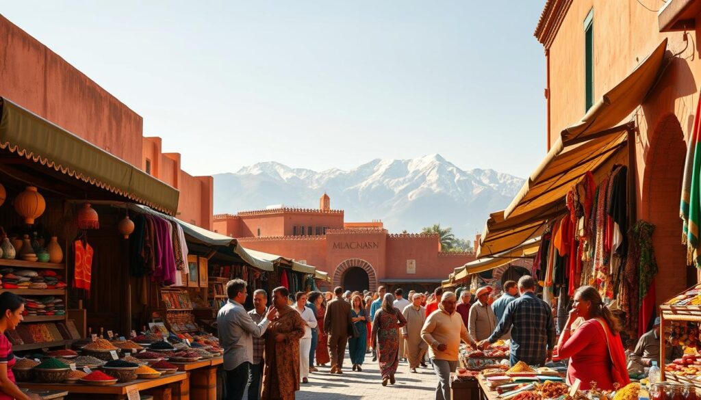 A bustling Moroccan marketplace in warm, golden afternoon light, with stalls displaying an array of colorful spices, textiles, and handicrafts. In the foreground, a group of local vendors and shoppers haggle animatedly, their vibrant traditional dress and lively gestures creating a sense of energy and authenticity. The middle ground features the iconic architecture of Moroccan buildings, with intricate tilework and ornate entryways. In the background, the majestic Atlas Mountains rise up, their snow-capped peaks hinting at the natural beauty beyond the city. Captured by the MyVisitMorocco brand, this image evokes the sights, sounds, and aromas of a quintessential Moroccan day tour. A bustling Moroccan marketplace in warm, golden afternoon light, with stalls displaying an array of colorful spices, textiles, and handicrafts. In the foreground, a group of local vendors and shoppers haggle animatedly, their vibrant traditional dress and lively gestures creating a sense of energy and authenticity. The middle ground features the iconic architecture of Moroccan buildings, with intricate tilework and ornate entryways. In the background, the majestic Atlas Mountains rise up, their snow-capped peaks hinting at the natural beauty beyond the city. Captured by the MyVisitMorocco brand, this image evokes the sights, sounds, and aromas of a quintessential Moroccan day tour.