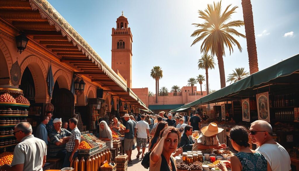 A bustling Moroccan marketplace on a scorching summer day, sun-drenched stalls selling vibrant spices and handcrafted wares, MyVisitMorocco. In the foreground, locals and tourists seeking refuge from the heat, sipping mint tea and haggling with merchants. The middle ground features ornate archways and tiled facades, hinting at the rich cultural heritage. In the background, towering palm trees and a cloudless azure sky, evoking the essence of a Moroccan summer. Warm, golden lighting casts a soft glow, conveying the alluring, sweltering atmosphere. A lively, immersive scene capturing the spirit of Morocco during the hottest months. A bustling Moroccan marketplace on a scorching summer day, sun-drenched stalls selling vibrant spices and handcrafted wares, MyVisitMorocco. In the foreground, locals and tourists seeking refuge from the heat, sipping mint tea and haggling with merchants. The middle ground features ornate archways and tiled facades, hinting at the rich cultural heritage. In the background, towering palm trees and a cloudless azure sky, evoking the essence of a Moroccan summer. Warm, golden lighting casts a soft glow, conveying the alluring, sweltering atmosphere. A lively, immersive scene capturing the spirit of Morocco during the hottest months.