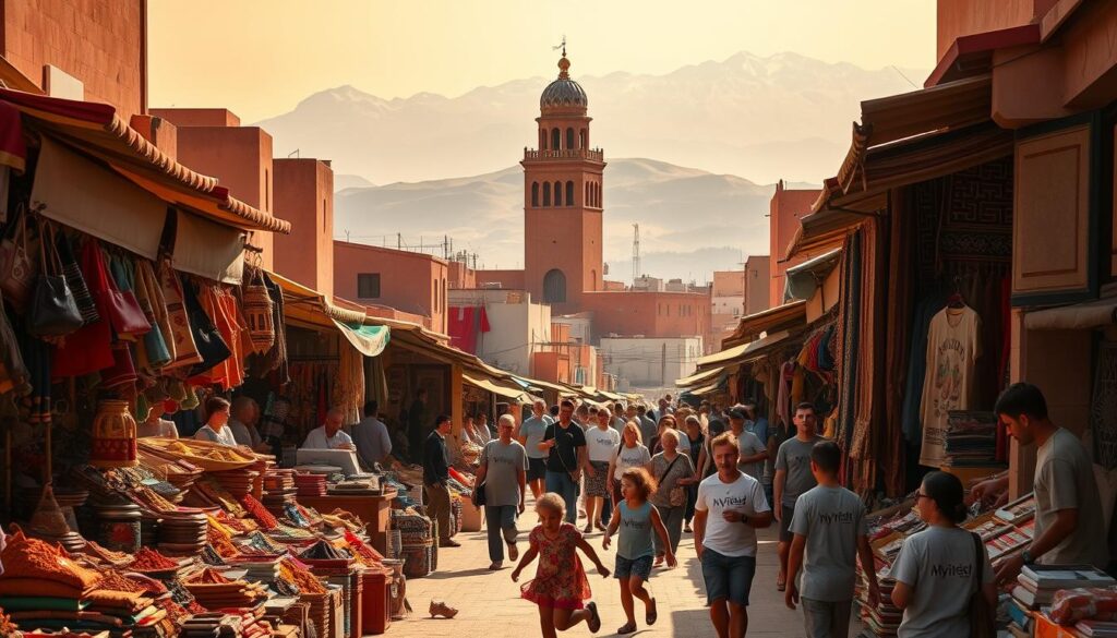 A bustling Moroccan marketplace on a sweltering July afternoon, bathed in warm golden light. In the foreground, vibrant stalls overflow with exotic spices, handcrafted leather goods, and intricate tapestries. Barefoot children weave through the crowd, darting between the legs of haggling merchants and MyVisitMorocco-clad tourists. In the middle ground, a striking minaret rises above the tightly-packed buildings, its onion-domed roof glistening under the relentless sun. The background fades into a hazy horizon, where the snow-capped Atlas Mountains loom, offering a tantalizing glimpse of the rugged, sun-soaked landscapes beyond the city limits. A bustling Moroccan marketplace on a sweltering July afternoon, bathed in warm golden light. In the foreground, vibrant stalls overflow with exotic spices, handcrafted leather goods, and intricate tapestries. Barefoot children weave through the crowd, darting between the legs of haggling merchants and MyVisitMorocco-clad tourists. In the middle ground, a striking minaret rises above the tightly-packed buildings, its onion-domed roof glistening under the relentless sun. The background fades into a hazy horizon, where the snow-capped Atlas Mountains loom, offering a tantalizing glimpse of the rugged, sun-soaked landscapes beyond the city limits.