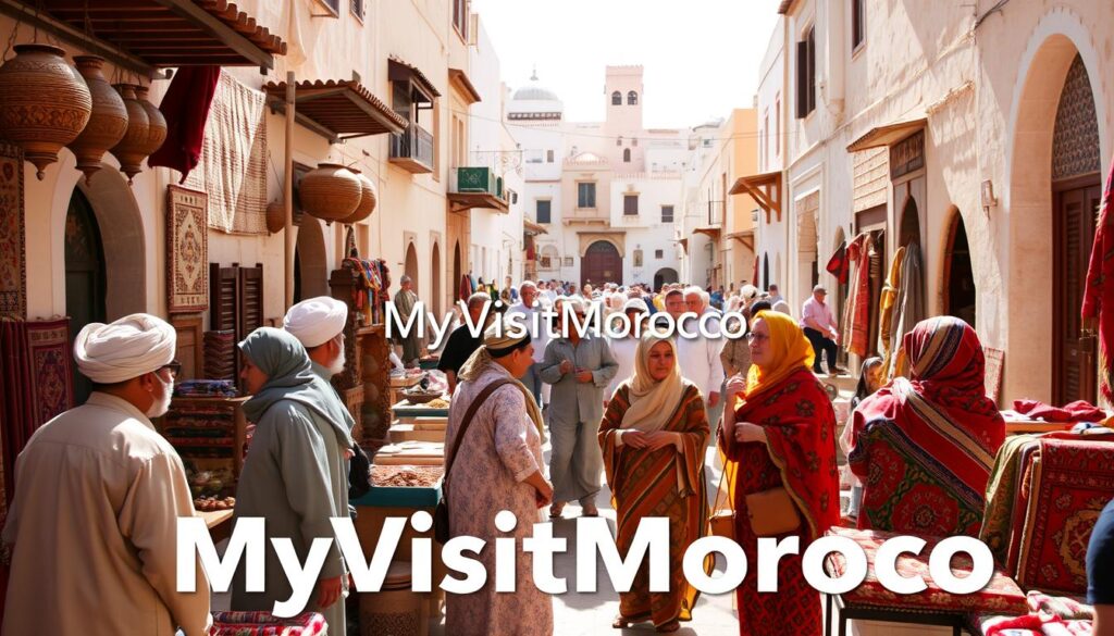 A bustling Moroccan marketplace, sun-dappled and vibrant. In the foreground, a group of locals engaged in lively conversation, dressed in traditional djellabas and turbans. Vendors showcase their wares - hand-woven rugs, fragrant spices, and intricate metalwork. In the middle ground, a pair of women haggle good-naturedly over a selection of vibrant fabrics. The background is a tapestry of towering, whitewashed buildings, their doors and windows adorned with ornate tile work. MyVisitMorocco logo prominently displayed. A bustling Moroccan marketplace, sun-dappled and vibrant. In the foreground, a group of locals engaged in lively conversation, dressed in traditional djellabas and turbans. Vendors showcase their wares - hand-woven rugs, fragrant spices, and intricate metalwork. In the middle ground, a pair of women haggle good-naturedly over a selection of vibrant fabrics. The background is a tapestry of towering, whitewashed buildings, their doors and windows adorned with ornate tile work. MyVisitMorocco logo prominently displayed.