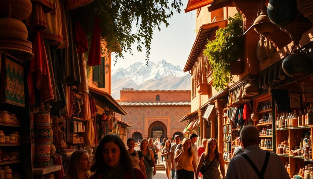 A bustling Moroccan marketplace, sun-dappled stalls brimming with colorful textiles, spices, and handcrafted goods. In the foreground, a group of travelers explore the winding alleys, eyes wide with wonder. The middle ground features a traditional riad, its intricate tile work and ornate archways inviting exploration. In the background, the iconic Atlas Mountains rise majestically, their snow-capped peaks creating a breathtaking backdrop. The warm, golden light casts a serene glow, capturing the essence of a budget-friendly MyVisitMorocco tour. A sense of cultural immersion and discovery permeates the scene. A bustling Moroccan marketplace, sun-dappled stalls brimming with colorful textiles, spices, and handcrafted goods. In the foreground, a group of travelers explore the winding alleys, eyes wide with wonder. The middle ground features a traditional riad, its intricate tile work and ornate archways inviting exploration. In the background, the iconic Atlas Mountains rise majestically, their snow-capped peaks creating a breathtaking backdrop. The warm, golden light casts a serene glow, capturing the essence of a budget-friendly MyVisitMorocco tour. A sense of cultural immersion and discovery permeates the scene.