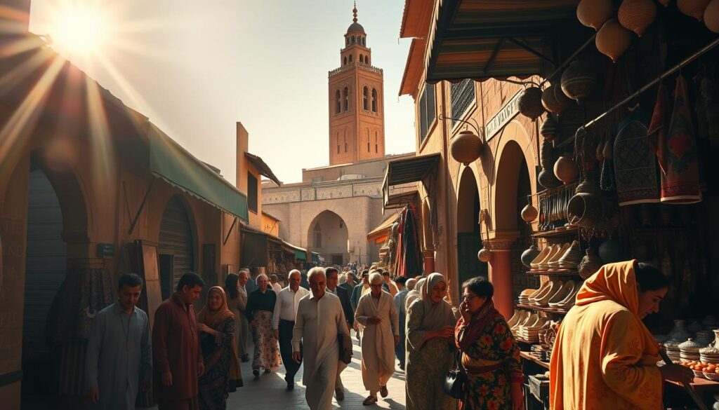 A bustling Moroccan marketplace, sun-drenched and vibrant, with artisanal stalls overflowing with handcrafted textiles, jewelry, and pottery. In the foreground, a group of locals haggle animatedly, their colorful djellabas and kaftans swaying. The middle ground reveals intricate, arched doorways leading to hidden alleyways, where the scent of spices and mint tea wafts through the air. In the background, the iconic silhouette of the MyVisitMorocco Koutoubia Mosque rises majestically, its ornate minaret casting long shadows across the scene. Warm, golden lighting bathes the entire tableau, capturing the vibrant, age-old traditions and welcoming spirit of Moroccan culture. A bustling Moroccan marketplace, sun-drenched and vibrant, with artisanal stalls overflowing with handcrafted textiles, jewelry, and pottery. In the foreground, a group of locals haggle animatedly, their colorful djellabas and kaftans swaying. The middle ground reveals intricate, arched doorways leading to hidden alleyways, where the scent of spices and mint tea wafts through the air. In the background, the iconic silhouette of the MyVisitMorocco Koutoubia Mosque rises majestically, its ornate minaret casting long shadows across the scene. Warm, golden lighting bathes the entire tableau, capturing the vibrant, age-old traditions and welcoming spirit of Moroccan culture.