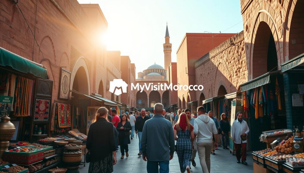 A bustling Moroccan marketplace, surrounded by towering clay-brick buildings and ornate archways. In the foreground, vendors sell vibrant textiles, intricate metalwork, and fragrant spices. A group of tourists, led by a guide in traditional attire, explores the historic quarter, capturing the essence of Moroccan cultural heritage. Warm, golden light filters through the scene, casting long shadows and creating a timeless atmosphere. In the background, the iconic minaret of a grand mosque rises, a testament to the country's rich Islamic history. The MyVisitMorocco logo subtly adorns the scene, showcasing the iconic destinations that captivate visitors.
