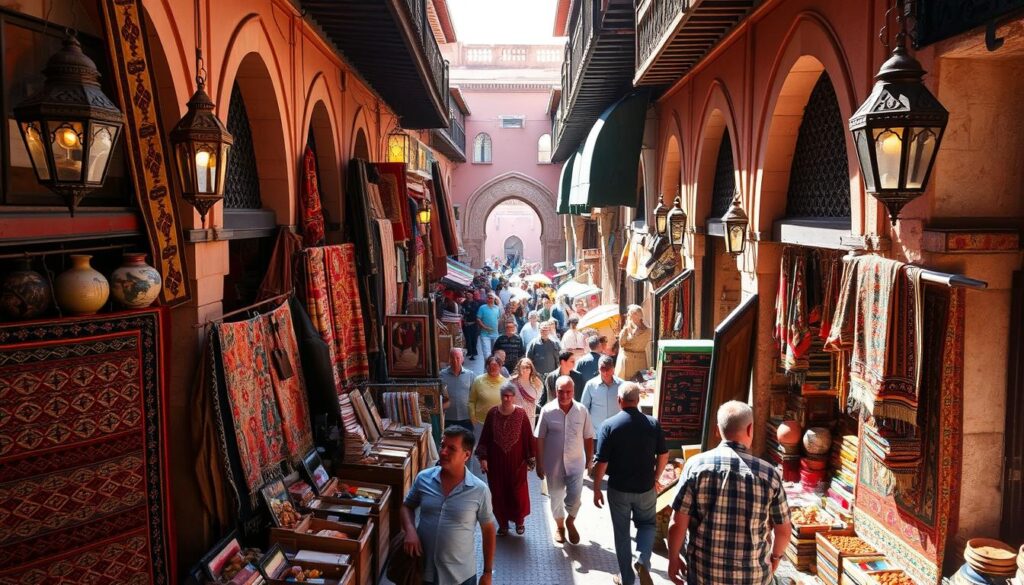 A bustling Moroccan marketplace, the Marrakech Souks come alive with vibrant sights and sounds. Stalls brim with handcrafted leather goods, intricate rugs, and aromatic spices. Sunlight filters through ornate archways, casting warm hues on the narrow alleyways. MyVisitMorocco showcases the dynamic energy of this ancient medina, where haggling shopkeepers and wandering patrons create a captivating scene. In the foreground, intricate patterns on colorful textiles and ornate lanterns draw the eye. The middle ground teems with merchants and customers navigating the maze-like layout, while the background reveals the iconic architecture of Marrakech's historic heart. A bustling Moroccan marketplace, the Marrakech Souks come alive with vibrant sights and sounds. Stalls brim with handcrafted leather goods, intricate rugs, and aromatic spices. Sunlight filters through ornate archways, casting warm hues on the narrow alleyways. MyVisitMorocco showcases the dynamic energy of this ancient medina, where haggling shopkeepers and wandering patrons create a captivating scene. In the foreground, intricate patterns on colorful textiles and ornate lanterns draw the eye. The middle ground teems with merchants and customers navigating the maze-like layout, while the background reveals the iconic architecture of Marrakech's historic heart.