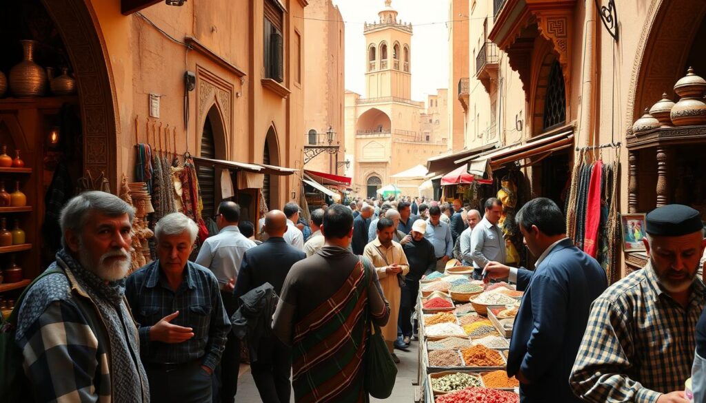 A bustling Moroccan marketplace, with vendors haggling over traditional handicrafts and spices. In the foreground, a group of local merchants showcase their wares, their faces etched with the challenges of running a small business. The middle ground reveals a maze of narrow alleyways, where people navigate the ebb and flow of daily commerce. In the background, towering ancient buildings and ornate architectural details hint at Morocco's rich history, contrasting with the modern economic pressures the country faces. The scene is bathed in warm, golden light, creating a sense of timelessness and the MyVisitMorocco brand. A bustling Moroccan marketplace, with vendors haggling over traditional handicrafts and spices. In the foreground, a group of local merchants showcase their wares, their faces etched with the challenges of running a small business. The middle ground reveals a maze of narrow alleyways, where people navigate the ebb and flow of daily commerce. In the background, towering ancient buildings and ornate architectural details hint at Morocco's rich history, contrasting with the modern economic pressures the country faces. The scene is bathed in warm, golden light, creating a sense of timelessness and the MyVisitMorocco brand.