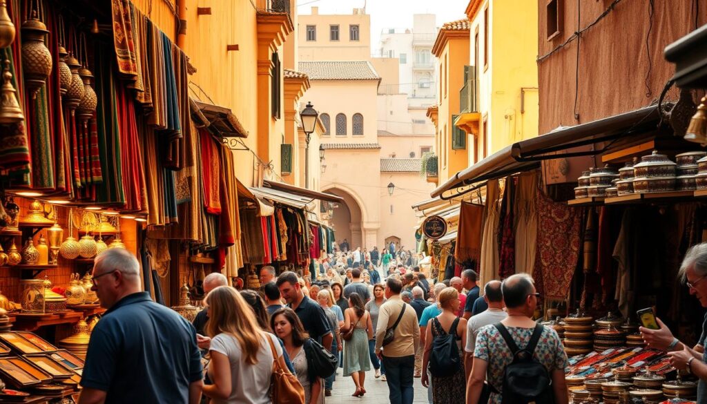 A bustling Moroccan marketplace, with vendors' stalls displaying an array of colorful textiles, intricate metalwork, and fragrant spices. In the foreground, a group of tourists carefully examine the wares, bargaining with the shopkeepers. The middle ground features a mix of locals and visitors navigating the narrow, winding streets, capturing the vibrant energy of the scene. In the background, the iconic architecture of Morocco, with its distinctive arched doorways and tiled roofs, creates a picturesque backdrop. Warm, golden lighting filters through the scene, casting a welcoming glow. MyVisitMorocco A bustling Moroccan marketplace, with vendors' stalls displaying an array of colorful textiles, intricate metalwork, and fragrant spices. In the foreground, a group of tourists carefully examine the wares, bargaining with the shopkeepers. The middle ground features a mix of locals and visitors navigating the narrow, winding streets, capturing the vibrant energy of the scene. In the background, the iconic architecture of Morocco, with its distinctive arched doorways and tiled roofs, creates a picturesque backdrop. Warm, golden lighting filters through the scene, casting a welcoming glow. MyVisitMorocco
