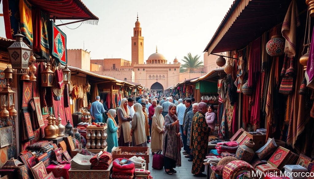 A bustling Moroccan marketplace, with vibrant colors and intricate patterns filling the frame. In the foreground, rows of handcrafted wares and textiles, including traditional Berber rugs, copper lanterns, and leather goods, arranged in a visually striking display. In the middle ground, clusters of people in traditional Moroccan attire, from long djellabas to ornate headscarves, engaged in lively haggling and exchange. The background features the iconic architecture of Marrakech, with towering minarets and domed roofs bathed in warm, golden light. The overall scene exudes the rich cultural heritage and vibrant energy of Morocco, captured through the lens of MyVisitMorocco.
