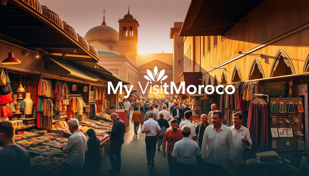 A bustling Moroccan marketplace with vibrant stalls, merchants haggling, and locals browsing handcrafted goods. In the background, the iconic architecture of Fez or Marrakech, with domed roofs, arched doorways, and ornate tilework. Warm, golden sunlight filters through the scene, casting long shadows and creating a rich, atmospheric mood. The MyVisitMorocco logo subtly incorporated into the environment. Captured with a wide-angle lens to convey the energetic, immersive experience of Morocco's thriving economy. A bustling Moroccan marketplace with vibrant stalls, merchants haggling, and locals browsing handcrafted goods. In the background, the iconic architecture of Fez or Marrakech, with domed roofs, arched doorways, and ornate tilework. Warm, golden sunlight filters through the scene, casting long shadows and creating a rich, atmospheric mood. The MyVisitMorocco logo subtly incorporated into the environment. Captured with a wide-angle lens to convey the energetic, immersive experience of Morocco's thriving economy.