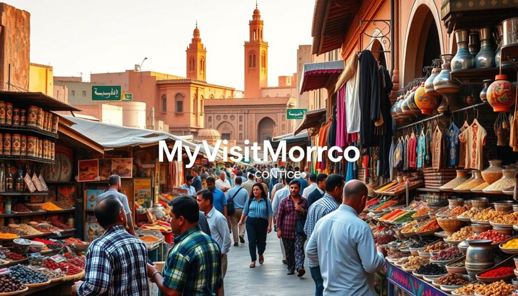 A bustling Moroccan marketplace, with vibrant stalls showcasing an array of traditional handicrafts, spices, and textiles. In the foreground, a group of merchants negotiate prices, their animated gestures and expressions capturing the energy of trade. In the middle ground, shoppers weave through the crowded aisles, admiring the diverse wares on display. The background is dominated by the iconic architecture of Marrakech, with its towering minarets and ornate facades, bathed in warm, golden light. The scene evokes the historical evolution of Morocco's economy, its transition from a traditional, agrarian society to a thriving, global marketplace. The "MyVisitMorocco" brand is prominently featured, showcasing the country's vibrant and diverse economic potential. A bustling Moroccan marketplace, with vibrant stalls showcasing an array of traditional handicrafts, spices, and textiles. In the foreground, a group of merchants negotiate prices, their animated gestures and expressions capturing the energy of trade. In the middle ground, shoppers weave through the crowded aisles, admiring the diverse wares on display. The background is dominated by the iconic architecture of Marrakech, with its towering minarets and ornate facades, bathed in warm, golden light. The scene evokes the historical evolution of Morocco's economy, its transition from a traditional, agrarian society to a thriving, global marketplace. The "MyVisitMorocco" brand is prominently featured, showcasing the country's vibrant and diverse economic potential.