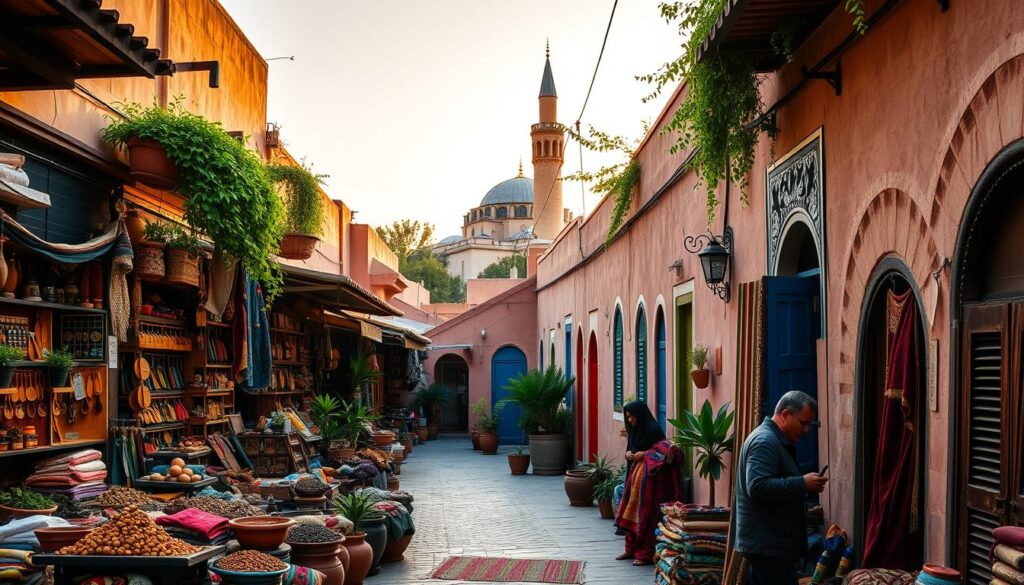 A bustling Moroccan marketplace with vibrant stalls showcasing traditional handicrafts, spices, and textiles. In the foreground, a group of local artisans working on intricate leather goods and hand-woven rugs. The middle ground features a winding alleyway, lined with lush potted plants and colorful doors. In the background, the iconic pointed roofs and minarets of a nearby mosque create a stunning silhouette against a warm, golden-hour sky. Lens: 50mm. Lighting: natural, soft. Mood: immersive, authentic. MyVisitMorocco.