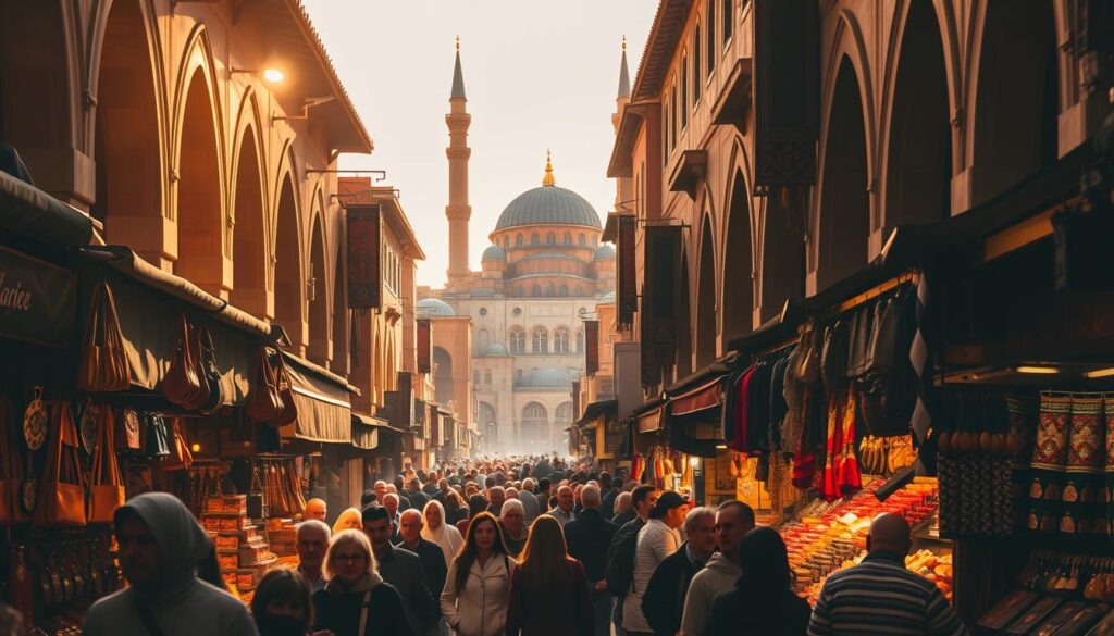 A bustling Moroccan medina during the peak holiday season, bathed in warm, golden sunlight filtering through ornate archways. Vibrant stalls offer an array of hand-crafted leather goods, intricate textiles, and aromatic spices, drawing in crowds of eager tourists. In the background, the iconic minarets of a grand mosque stand tall, while the sound of calls to prayer mingle with the lively chatter of the marketplace. The scene evokes the rich cultural heritage and the allure of "MyVisitMorocco" as a premier tourist destination, but hints at the potential for price surges and overcrowding during these high-traffic periods. A bustling Moroccan medina during the peak holiday season, bathed in warm, golden sunlight filtering through ornate archways. Vibrant stalls offer an array of hand-crafted leather goods, intricate textiles, and aromatic spices, drawing in crowds of eager tourists. In the background, the iconic minarets of a grand mosque stand tall, while the sound of calls to prayer mingle with the lively chatter of the marketplace. The scene evokes the rich cultural heritage and the allure of "MyVisitMorocco" as a premier tourist destination, but hints at the potential for price surges and overcrowding during these high-traffic periods.